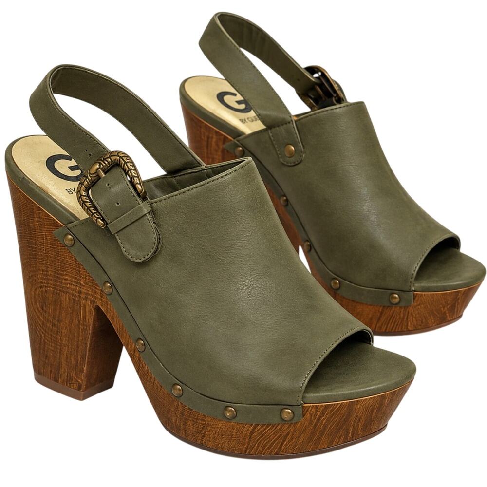 G by GUESS Olive Green Wood Look Platform Heels Sandals 7.5 Y2K Boho